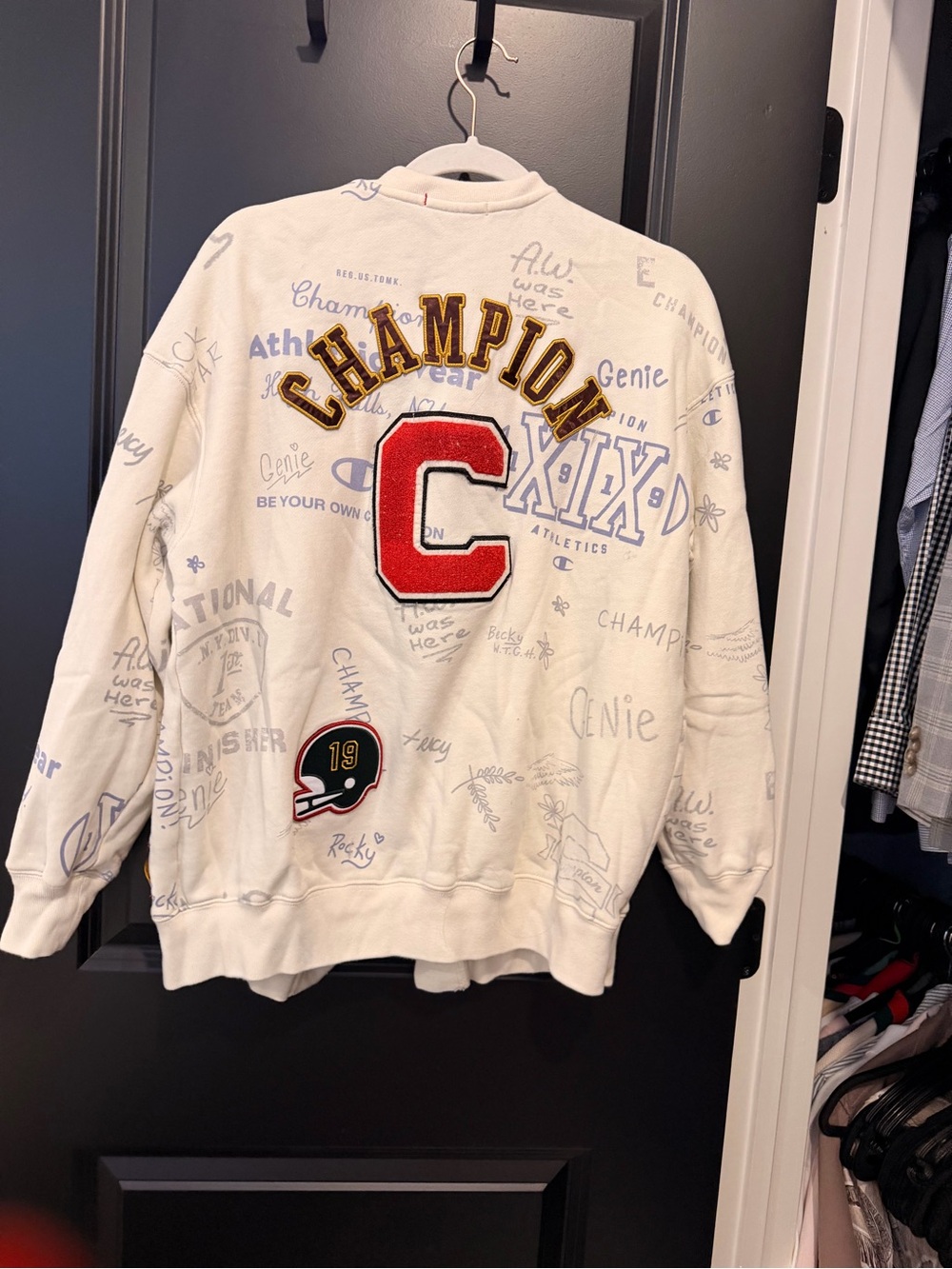 Champion Cream Crewneck with Red 'C' Patch and Gold Lettering
